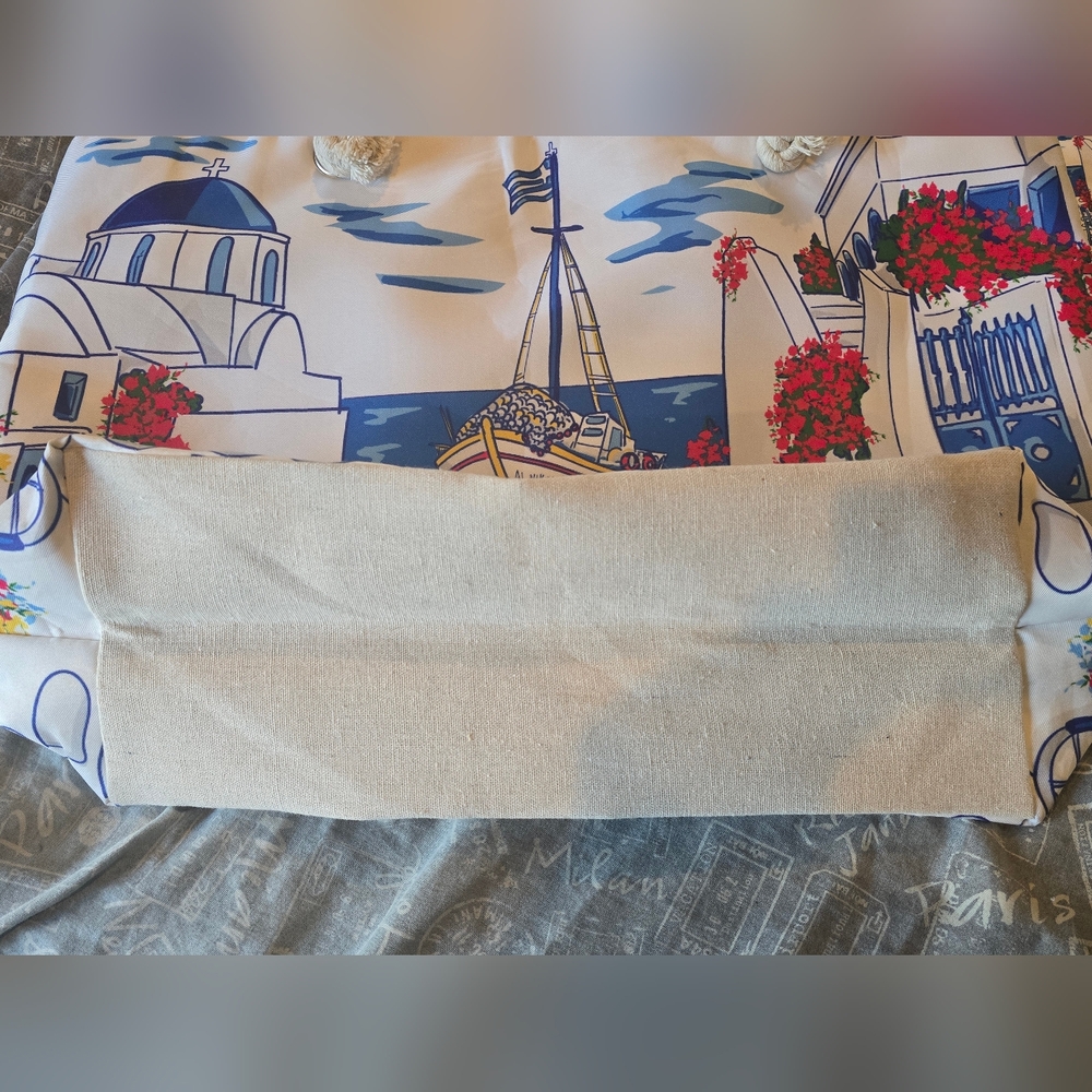 Greek Coastal Print Canvas Tote Bag with Rope Handles and Change Purse - Picture 5 of 8